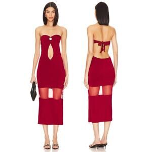 Buci Sierra Flower Strapless Midi Dress Jersey Tie Back Sheer Mesh Red XS